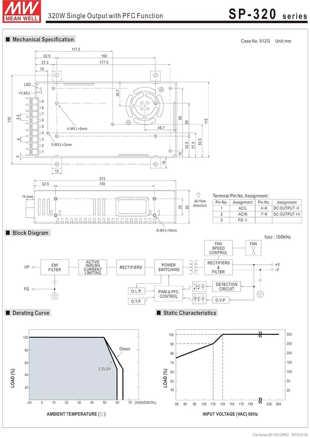 Alt view image 3 of 3 - Mean Well SP-320-13.5 Power Supply, Single Output, 13.5 Volt, 22 Amp, 297 Watt, 8.5" L x 4.5" W x 2.0" H, Silver