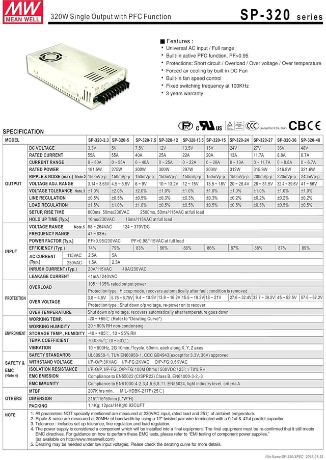 Alt view image 2 of 3 - Mean Well SP-320-13.5 Power Supply, Single Output, 13.5 Volt, 22 Amp, 297 Watt, 8.5" L x 4.5" W x 2.0" H, Silver