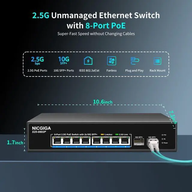 Alt view image 3 of 7 - 8 Port 2.5G PoE Switch Unmanaged with 8 Port 2.5Gb Base-T PoE+@130W + 2 x 10G SFP+ Uplink, NICGIGA 10 Port 2.5Gbe IEEE802.3af/at Power Over Ethernet Switch, Support WiFi6 AP, NAS, 4K PoE Camera NVR.