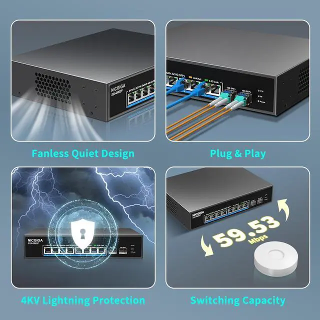 Alt view image 5 of 7 - 8 Port 2.5G PoE Switch Unmanaged with 8 Port 2.5Gb Base-T PoE+@130W + 2 x 10G SFP+ Uplink, NICGIGA 10 Port 2.5Gbe IEEE802.3af/at Power Over Ethernet Switch, Support WiFi6 AP, NAS, 4K PoE Camera NVR.