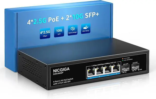 Main image of 4 Port 2.5G PoE Switch Unmanaged with 4 x 2.5Gb Base-T @78W + 2 x 10G SFP Uplink, 2.5Gbe IEEE802.3af/at Power Over Ethernet, Support WiFi6 AP, NAS, 4K Camera NVR