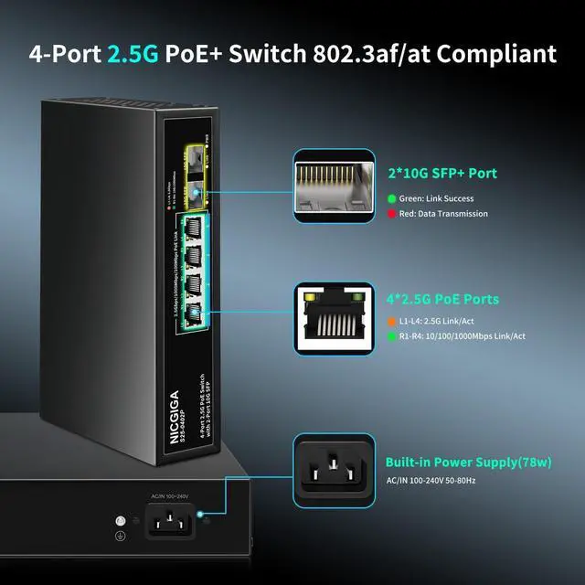 Alt view image 2 of 7 - 4 Port 2.5G PoE Switch Unmanaged with 4 x 2.5Gb Base-T @78W + 2 x 10G SFP Uplink, 2.5Gbe IEEE802.3af/at Power Over Ethernet, Support WiFi6 AP, NAS, 4K Camera NVR