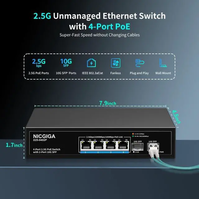 Alt view image 7 of 7 - 4 Port 2.5G PoE Switch Unmanaged with 4 x 2.5Gb Base-T @78W + 2 x 10G SFP Uplink, 2.5Gbe IEEE802.3af/at Power Over Ethernet, Support WiFi6 AP, NAS, 4K Camera NVR