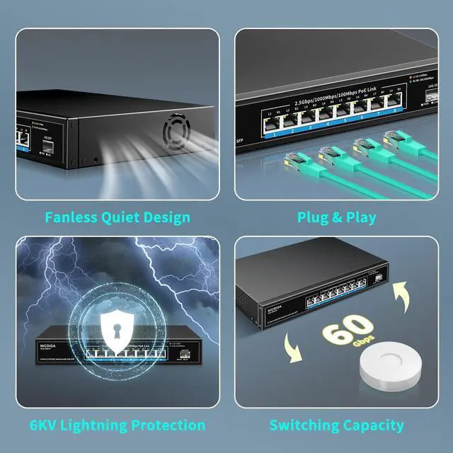 Alt view image 5 of 7 - 8 Port 2.5G PoE Switch Unmanaged with 8 x 2.5Gb Base-T @120W + 10G SFP Uplink, 2.5Gbe IEEE802.3af/at Power Over Ethernet Switch, Support WiFi6 AP, NAS, 4K PoE Camera NVR.