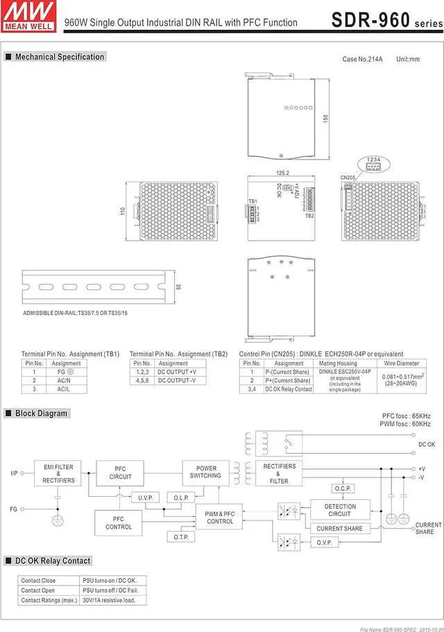 Alt view image 3 of 4 - Mean Well Original SDR-960-24 Single Output Industrial DIN Rail with PFC Function Power Supply 24V 40A 960W