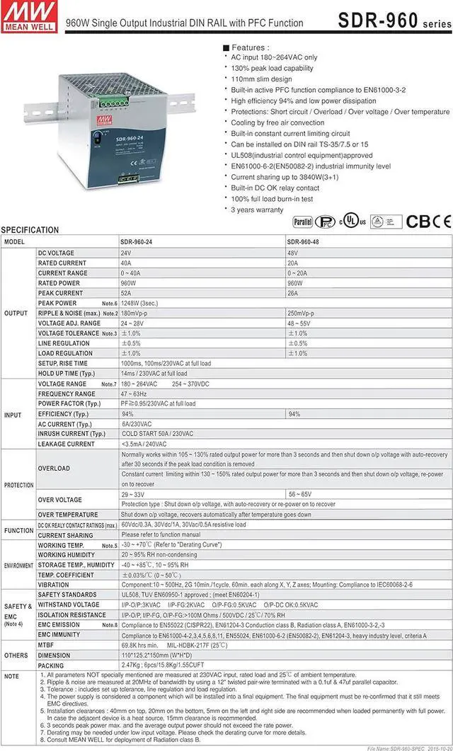 Alt view image 2 of 4 - Mean Well Original SDR-960-24 Single Output Industrial DIN Rail with PFC Function Power Supply 24V 40A 960W