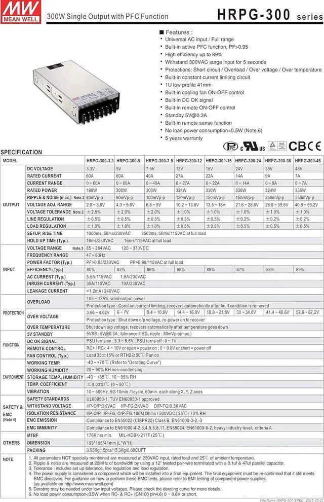 Alt view image 2 of 4 - MW Mean Well HRPG-300-15 15V 22A 330W Single Output with PFC Function Power Supply