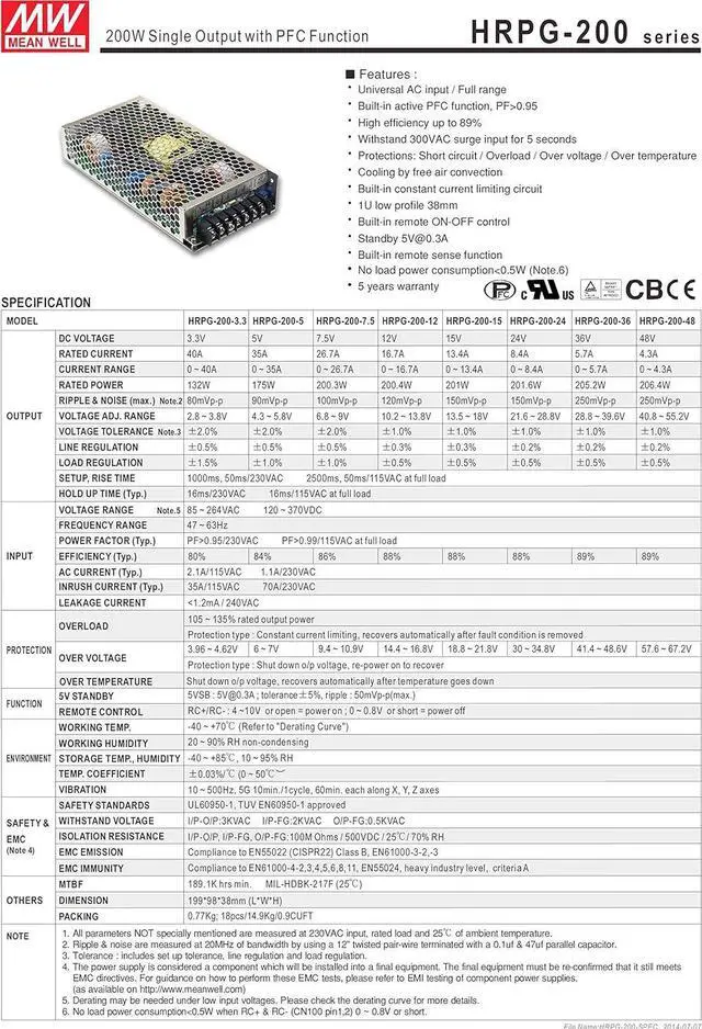 Alt view image 2 of 4 - MW Mean Well HRPG-200-12 12V 16.7A 200W Single Output with PFC Function Power Supply