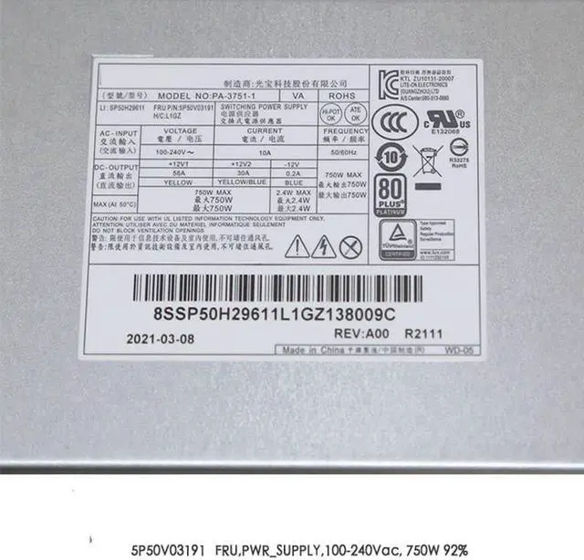 Alt view image 4 of 6 - PSU for P340 P350 P360 M930T 10Pin 750W Power Supply PA-3751-1 VA HK850-53PP 5P50V03190 5P50V03191