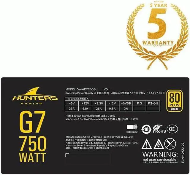 Alt view image 4 of 5 - PSU for Full Module 80plus Gold Game Power Supply Rated 750W Peak 650W Power Supply G7 GW-ATX750BL