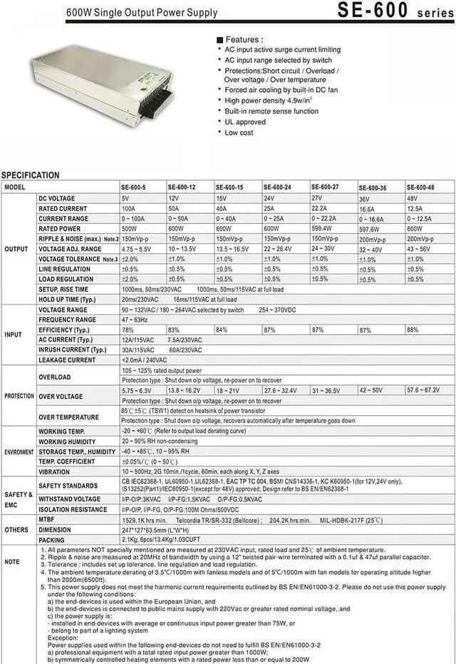 Alt view image 2 of 3 - (1PC) SE-600-36 600W Single Output Power Supply 36V 16.6A