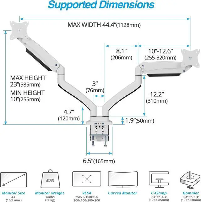Alt view image 6 of 7 - AVLT Dual 13"-43" Monitor Arm - Desk Mount for Two Flat/Curved Monitors - Full Motion Height Swivel Tilt Rotation Adjustable - White/VESA/C-Clamp/Grommet/Cable Management