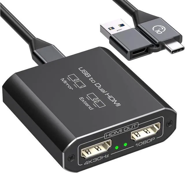 Main image of HDMI Splitter Extended Display for Dual Monitor USB A & C to 2 hdmi Adapter 1 in 2 Out for Laptop Mac Triple Set Support MST & SST Modes; 4K@30Hz HDMI Out 1, 1080p HDMI Out 2