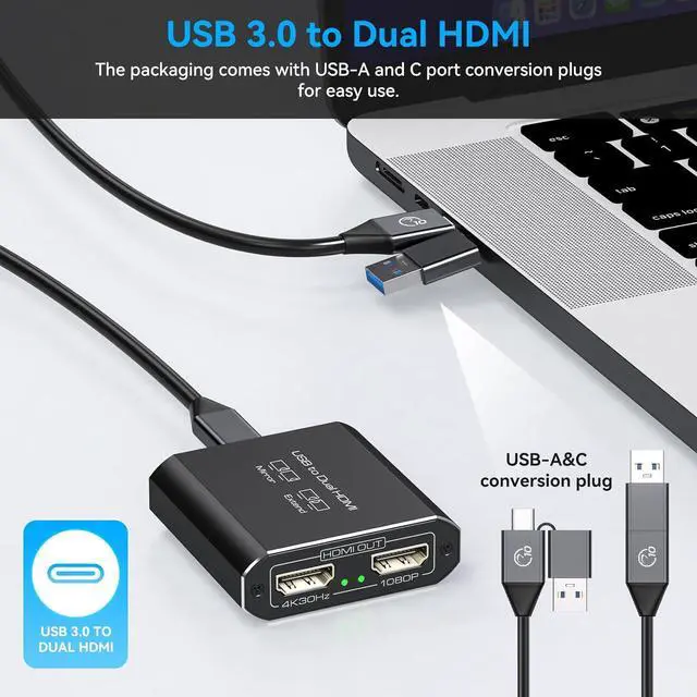 Alt view image 3 of 7 - HDMI Splitter Extended Display for Dual Monitor USB A & C to 2 hdmi Adapter 1 in 2 Out for Laptop Mac Triple Set Support MST & SST Modes; 4K@30Hz HDMI Out 1, 1080p HDMI Out 2