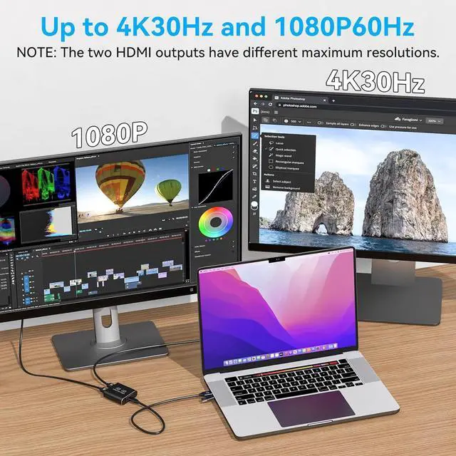 Alt view image 4 of 7 - HDMI Splitter Extended Display for Dual Monitor USB A & C to 2 hdmi Adapter 1 in 2 Out for Laptop Mac Triple Set Support MST & SST Modes; 4K@30Hz HDMI Out 1, 1080p HDMI Out 2