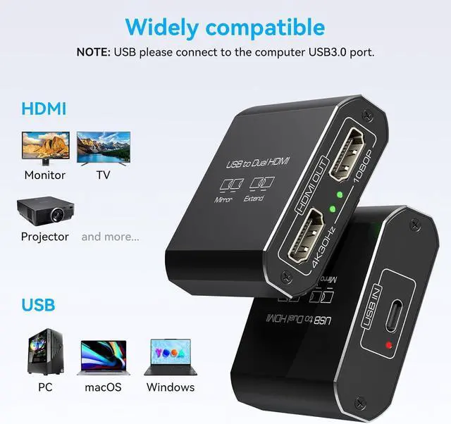 Alt view image 5 of 7 - HDMI Splitter Extended Display for Dual Monitor USB A & C to 2 hdmi Adapter 1 in 2 Out for Laptop Mac Triple Set Support MST & SST Modes; 4K@30Hz HDMI Out 1, 1080p HDMI Out 2
