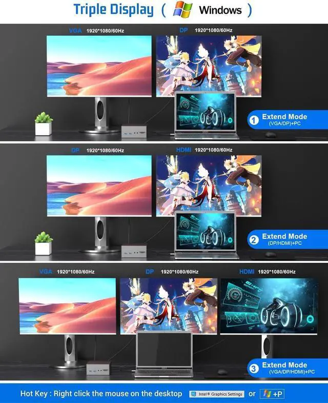 Alt view image 3 of 7 - 16-in-1 USB-C Docking Station with Triple Display, 4K HDMI, DP, VGA, USB Ports, Ethernet, SD/TF Card Reader - Compatible with Windows - Mirror Mode Supported - Ideal for Adults and Kids