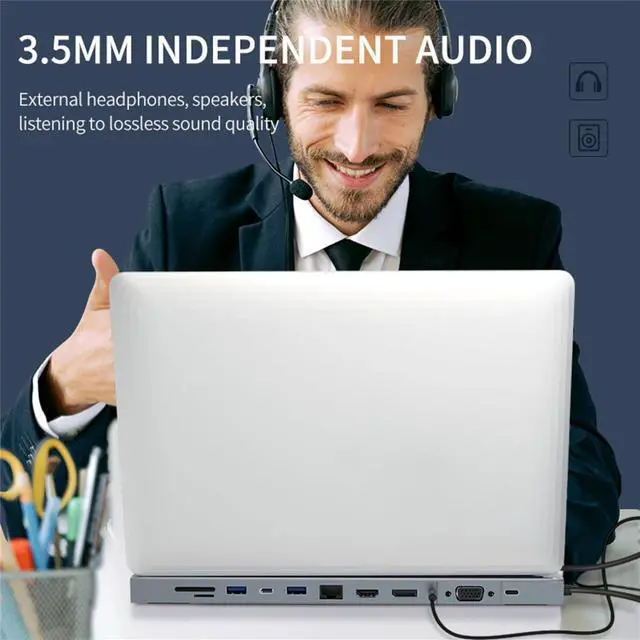 Alt view image 6 of 7 - USB C Hub Docking Station 12 in 1-4K HDMI&DP,VGA,3 USB Ports, 3.5mm Audio, PD 100W, SD/TF, 1Gbps Ethernet - Laptop Docking Station for MacBook/Dell XPS/More Type-C Devices