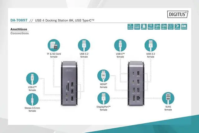 Alt view image 2 of 7 - DIGITUS USB4 Thunderbolt Docking Station - 14 Ports - 1x HDMI, 1x DP (8K@30Hz) - 6X USB 3.0 / USB 2.0, 2X USB Type-C - RJ45 LAN, Audio Jack, Card Reader - Grey