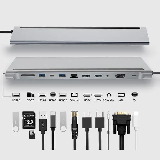 Main image of USB C Hub Docking Station 12 in 1 - Dual 4K HDMI/VGA,3 USB Ports, 3.5mm Audio, PD 100W, SD/TF, Ethernet - Laptop Docking Station for MacBook/Dell XPS/More Type-C Devices