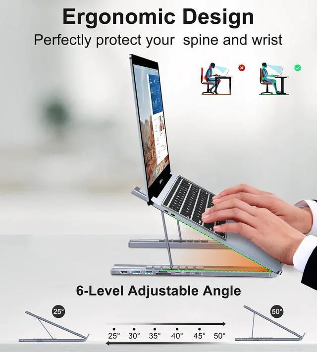 Alt view image 7 of 7 - 5ound Adjustable Laptop Stand with inbuilt Type C Docking Station comparable with 65W Power Delivery Silver Colours | Lightweight & Portable Design | Ideal for Tablets, Laptops, Kindles, Switch
