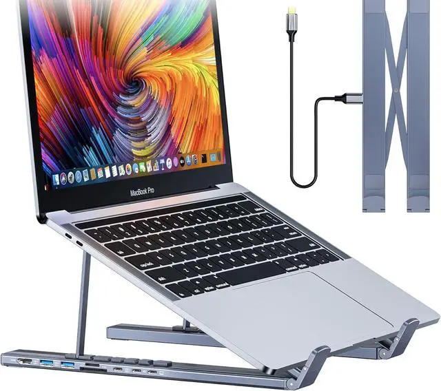 Alt view image 3 of 7 - 5ound Adjustable Laptop Stand with inbuilt Type C Docking Station comparable with 65W Power Delivery Silver Colours | Lightweight & Portable Design | Ideal for Tablets, Laptops, Kindles, Switch