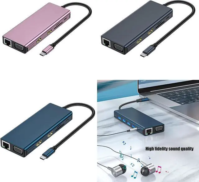 Alt view image 2 of 7 - USB C Docking Station Double Monitors Adapter 12 in 1 USB C Adapter with VGA Gigabit Ethernet 4 USB3.0 Port Card Reader