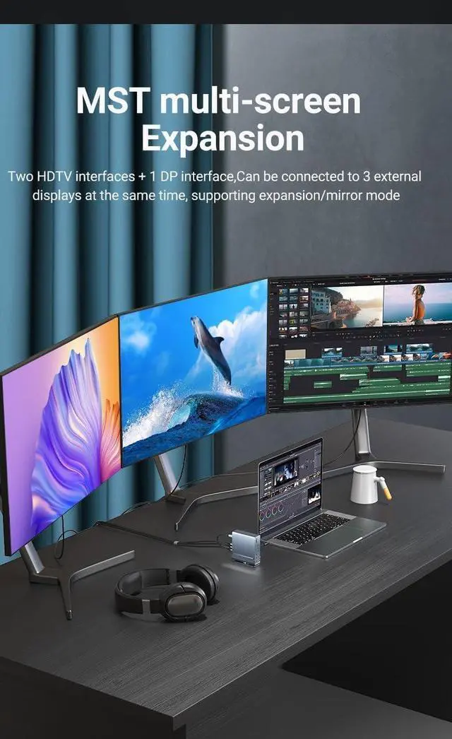 Alt view image 4 of 7 - 15 in 1 Docking Station, USB C Docking Station Triple Monitor with 2*DP&1*HDMI Ports, Laptop Dock for 100W PD, 6 *USB A/C Ports, Ethernet, SD&TF, Audio