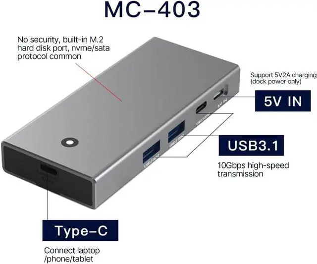 Alt view image 2 of 7 - TypeC Docking Station M.2 NVMe with 4K HDMIcompatible Adapter, UsbC 10Gbp 2 USB Port for Laptops