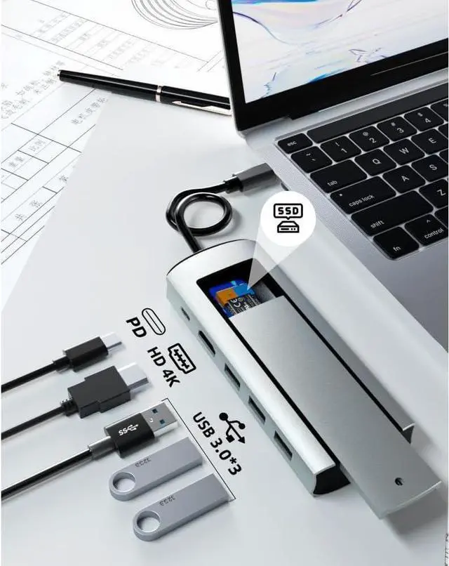 Alt view image 2 of 6 - USB C Docking Station,Monitor Adapter with M.2 SSD Enclosure for NVMe or SATA4KHDMI, 100W PD Charging, 3*USB A 3.0, USB C PD for iPhone15Pro/MacBook/Dell/Surface Laptops (6in1SATA)