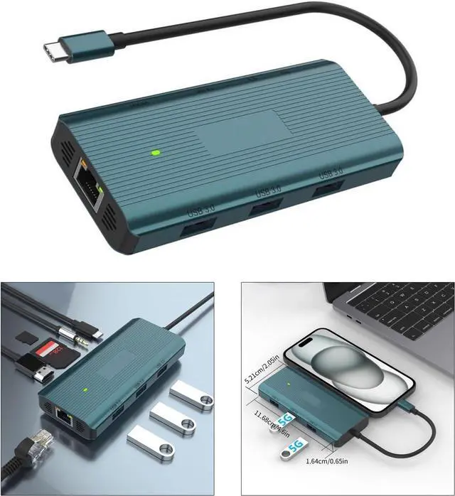 Alt view image 2 of 7 - USB C Docking Station 9 Ports Multi Functional with 1000M Ethernet 3 USB 4K30Hz HDTV Card Reader PD100W Charging