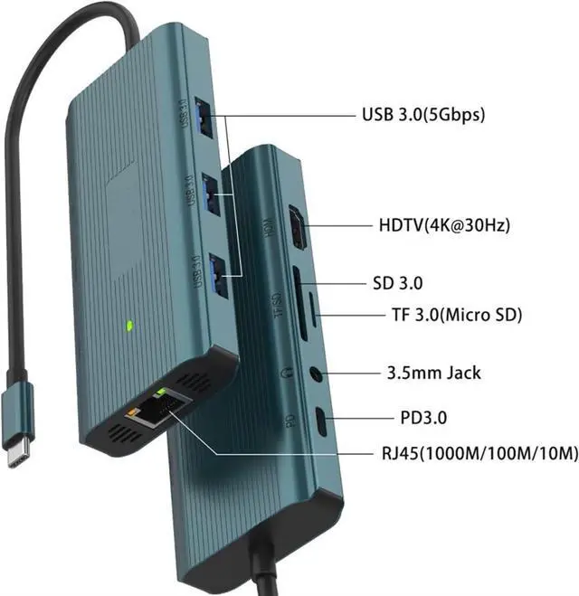 Alt view image 7 of 7 - USB C Docking Station 9 Ports Multi Functional with 1000M Ethernet 3 USB 4K30Hz HDTV Card Reader PD100W Charging