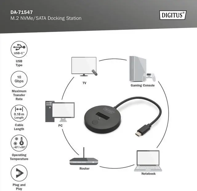 Alt view image 3 of 7 - DIGITUS M.2 NVMe/SATA USB-C Docking Station - USB 3.2 Gen2-10 Gbit/s - M.2 formats 2242, 2260, 2280 & 22110 - max. capacity 4TB - for PC, notebook, game consoles - Hotswap - Plug & Play - Black