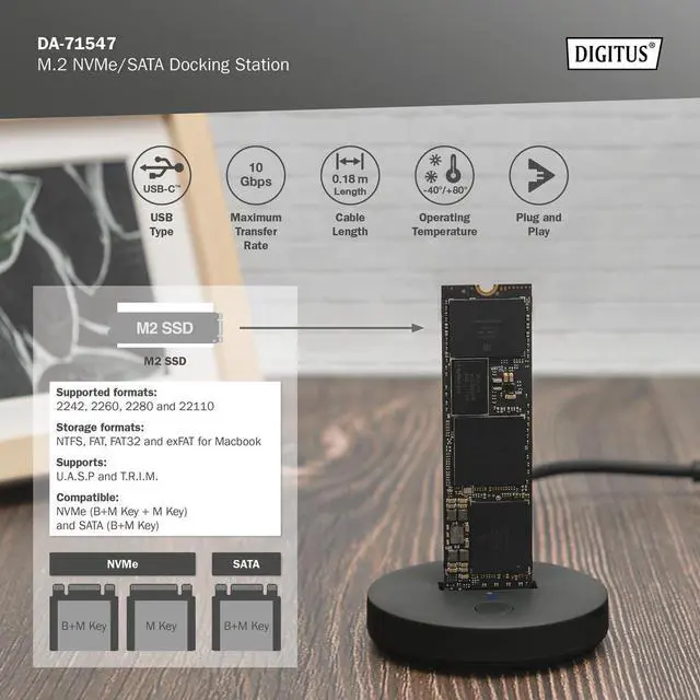Alt view image 4 of 7 - DIGITUS M.2 NVMe/SATA USB-C Docking Station - USB 3.2 Gen2-10 Gbit/s - M.2 formats 2242, 2260, 2280 & 22110 - max. capacity 4TB - for PC, notebook, game consoles - Hotswap - Plug & Play - Black