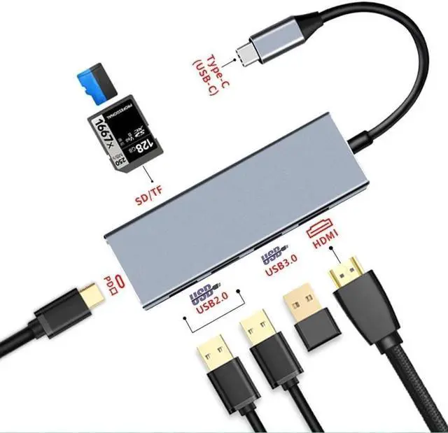 Alt view image 3 of 7 - 5 in 1 USB C Hub Aluminum with HDMI 4K Adapter USB 3.0 Ports 1 SD and 1 microSD PD 100W Card Reader for and More Type-C Devices Universal Docking Station Dual Video Monitor Display