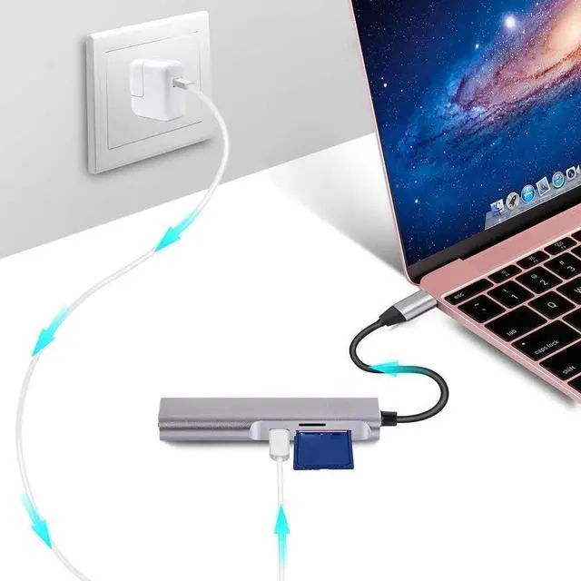 Alt view image 4 of 7 - 5 in 1 USB C Hub Aluminum with HDMI 4K Adapter USB 3.0 Ports 1 SD and 1 microSD PD 100W Card Reader for and More Type-C Devices Universal Docking Station Dual Video Monitor Display