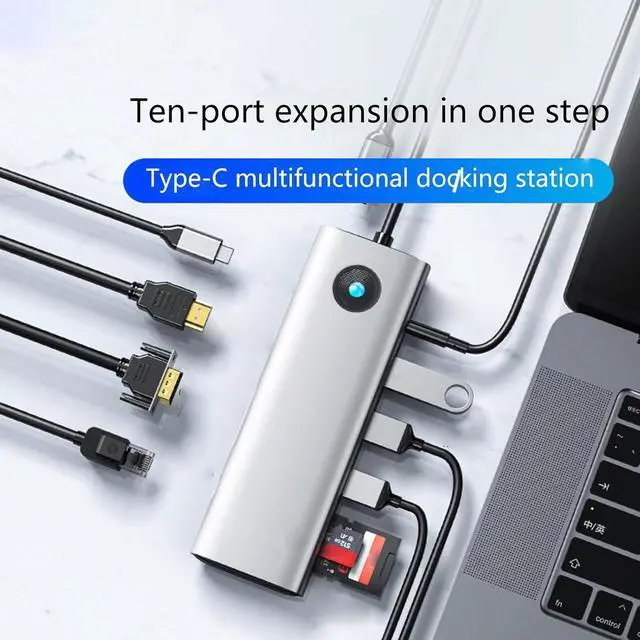 Alt view image 4 of 7 - 10Port USB C Docking Station Video Video 1000M Ethernet 100W Charging Fast Speed 3xUSB3.0 Ports 3..5mm Cards Reader Slots