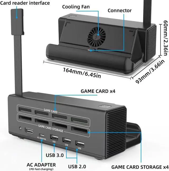 Alt view image 7 of 7 - TV Docking Station, 8 in 1 Game Card Dock HDMI 4K 30HZ TV Docking Station, USB2.0 HUB*3 PD3.0 Type C Charging with Fan Cooling