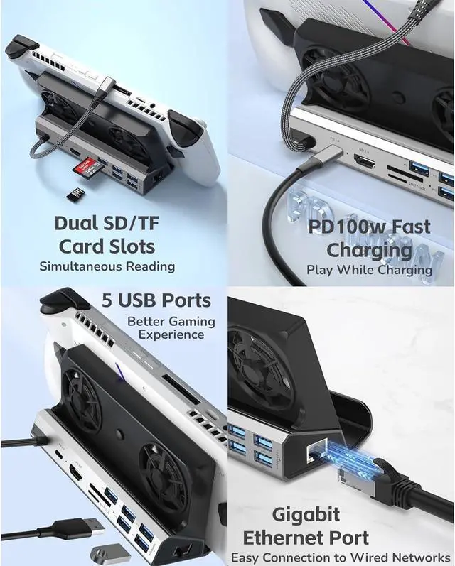 Alt view image 7 of 7 - 10 in 1 Docking Station with Dual Cooling Fan, 4K 60Hz HD Multimedia Interface, 100W Charging for Steam Deck,