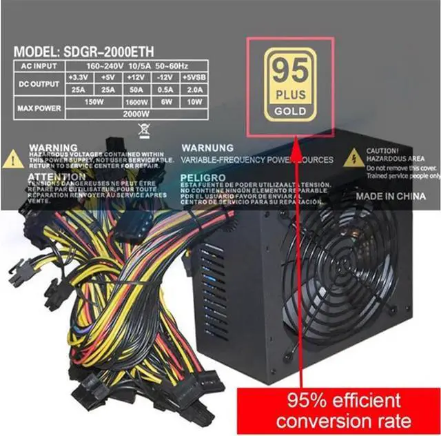 Alt view image 4 of 7 - 1800W Rated Miner Power Supply 80% Efficiency AC 180-260V ATX Mining Power Source Support 8 CPU Card Max Up to 2000W