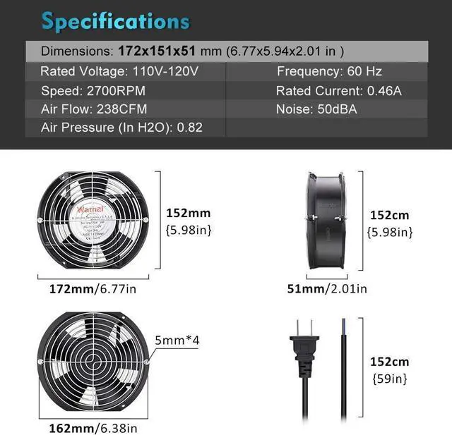 Alt view image 2 of 7 - Wathai AC 110V 120V Axial Fan Big Airflow High Speed Dual Ball 172mm x 150mm x 51mm for DIY Cooling Ventilation Exhaust Projects For Server