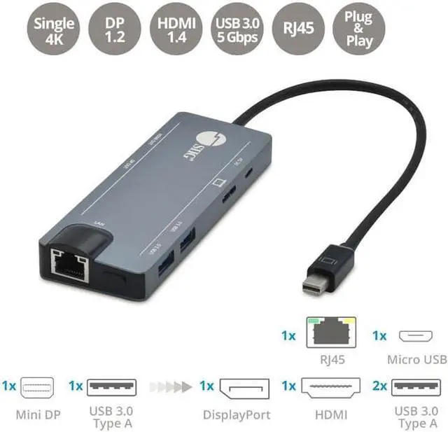Alt view image 9 of 17 - SIIG Mini DisplayPort 4K Video Dock with USB 3.0 LAN Hub JU-H30F11-S1