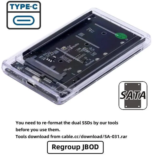 Alt view image 6 of 7 - Vszerda Dual MSATA Mini-SATA SSD Card JOBD Raid0 Span Bridge to USB3.0 Type-C USB-C 2.5inch SATA Combo Enclosure