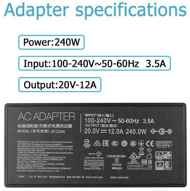Alt view image 4 of 6 - 240W Charger Adapter Fit for Asus ADP-240EB B TUF Gaming A15 A17 F15 F17 FA507NU FA507NV FA507XI FA707NU FA707NV FA707XI ROG Zephyrus G14 G16 GU603VI GU603VU GU603VV GU603ZI GU603ZV