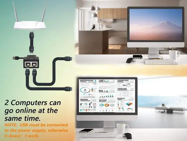 Alt view image 2 of 7 - Vszerda RJ45 Network Splitter Adapter, RJ45 1 to 2 Female LAN Ethernet Network Splitter 2 Devices Share The Internet at The Same Time for Cat5, Cat5e, Cat6