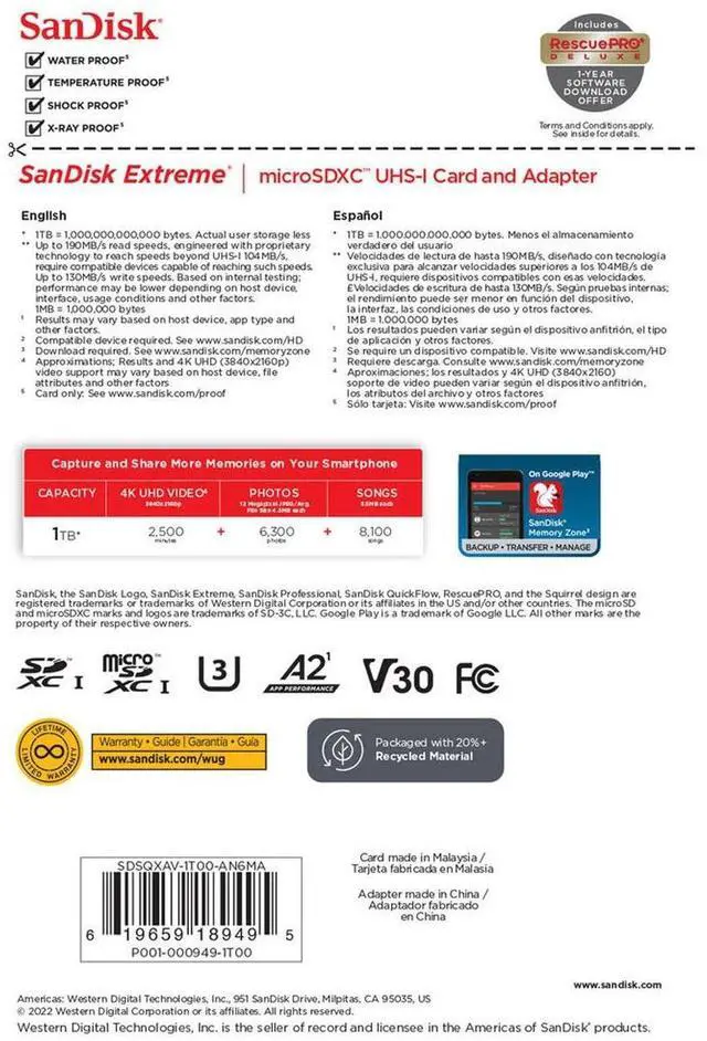 Alt view image 17 of 17 - SanDisk 1TB Extreme Class 3/UHS-I (U3) V30 microSDXC 190 MB/s Read 130 MB/s Write