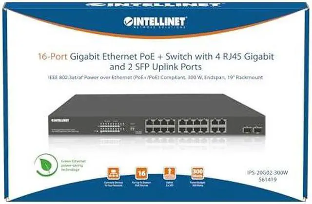Alt view image 12 of 12 - Intellinet 16-Port Gigabit Ethernet PoE+ Switch with 4 RJ45 Gigabit and 2 SFP Uplink Ports |IEEE 802.3at/af Power over Ethernet (PoE+/PoE) Compliant, 300 W, Endspan, 19" Rackmount