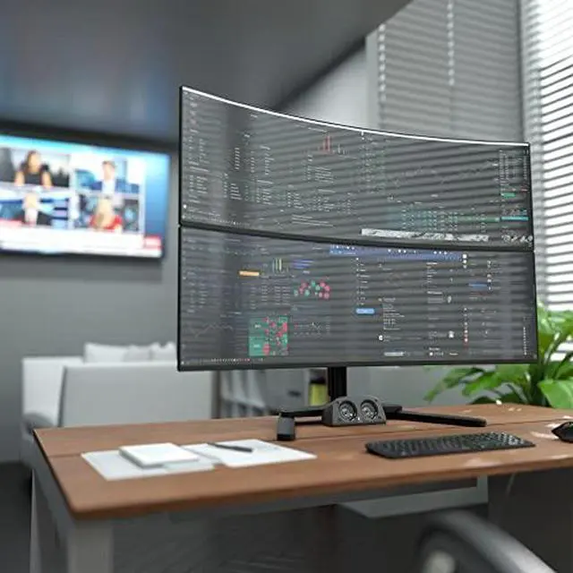 Alt view image 4 of 9 - Atdec AWMS-2-BT75-FS-B Freestanding Dual Stack Heavy Monitor Desk Mount - Flat and Curved up to 49in - VESA 75x75, 100x100 - Tool-Free Adjustable Monitor Height, tilt, pan - Quick Display Release
