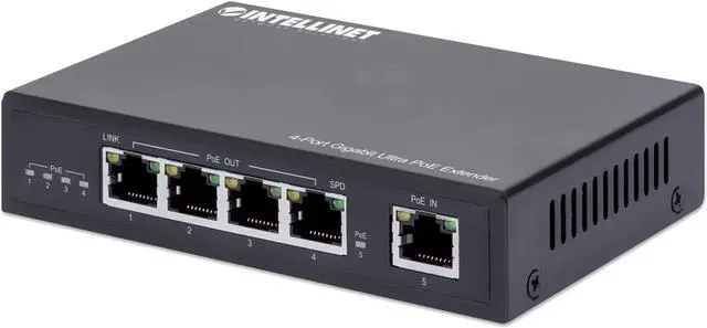 Alt view image 5 of 8 - Intellinet 4-Port Gigabit Ultra PoE Extender, Adds up to 100 m (328 ft.) to PoE Range, 90 W PoE Power Budget, Four PSE Ports with up to 30 W Output, IEEE 802.3bt (PoE++ / 4PPoE) Compliant, Metal Housi