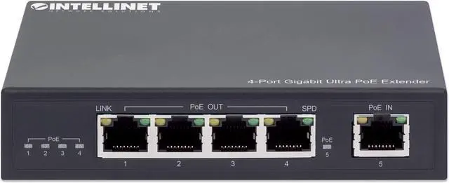 Alt view image 6 of 8 - Intellinet 4-Port Gigabit Ultra PoE Extender, Adds up to 100 m (328 ft.) to PoE Range, 90 W PoE Power Budget, Four PSE Ports with up to 30 W Output, IEEE 802.3bt (PoE++ / 4PPoE) Compliant, Metal Housi